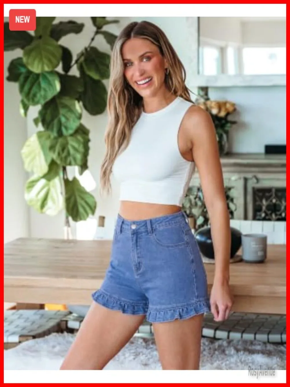 High Waisted Stretchy Denim Shorts with Ruffle Hem 4
